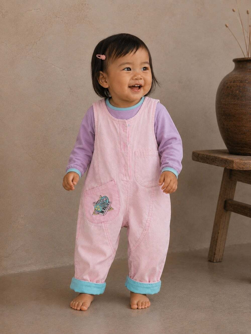 Vintage Playskool Pink Corduroy Overalls Romper 12M 80s 90s Kids Colorblock